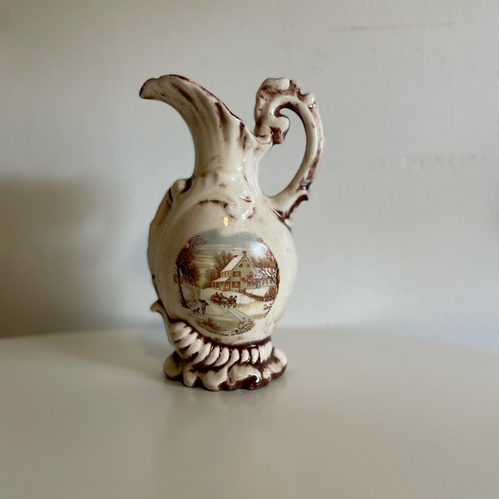 Courier and Ives Enesco The Homestead in Winter brown and white pottery pitcher